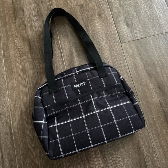 PackIt Freezable Hampton Lunch Bag Black Grid Plaid EcoFreeze Technology Tote - Picture 1 of 11